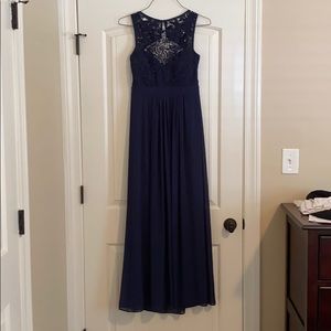 Navy evening dress with lace top